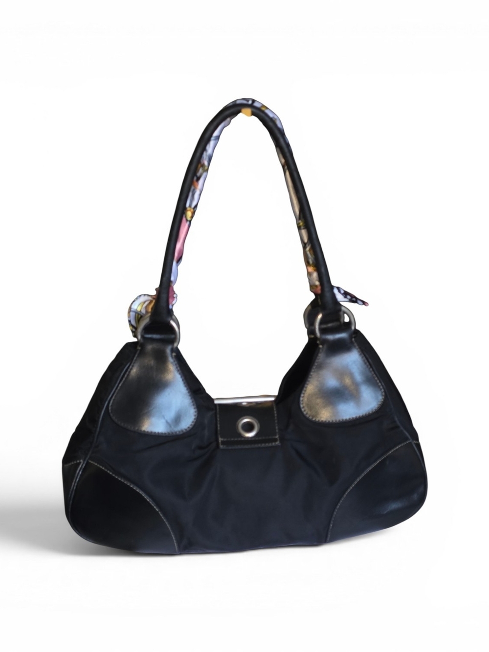 Prada Tessuto Half Moon Buckle Shoulder Bag With Leather Trim & Silver Hardware - Picture 2 of 16